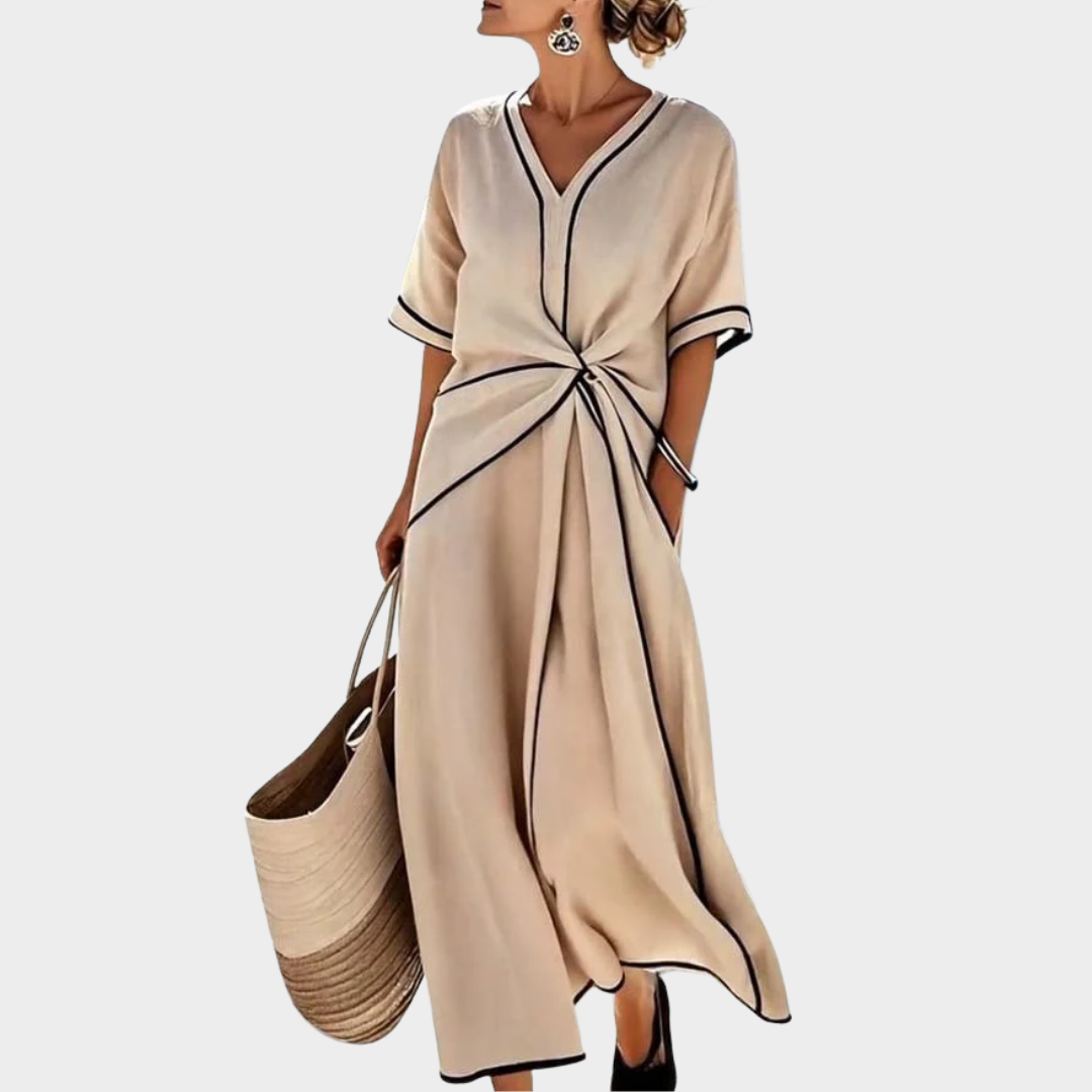 Women Long Dress – Elegant Short Sleeve Design – Solid with Contrast Trim – Pleated Loose Fit with V Neck and Pockets – Multiple Colours