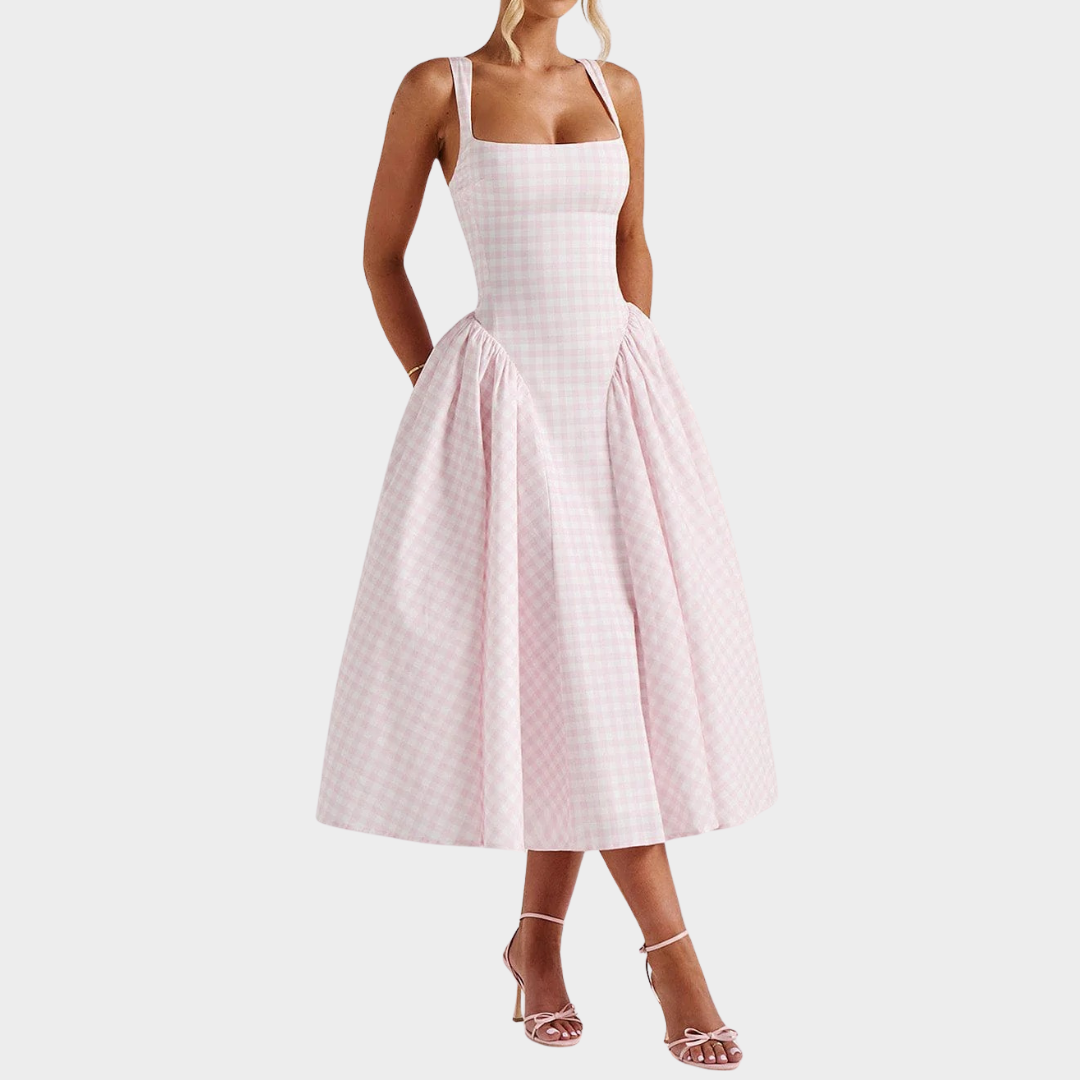 Women’s Midi Dress – Gingham Print with Fitted Bodice – Lace Up Back – Square Neckline – Flowing Skirt – Multiple Colours