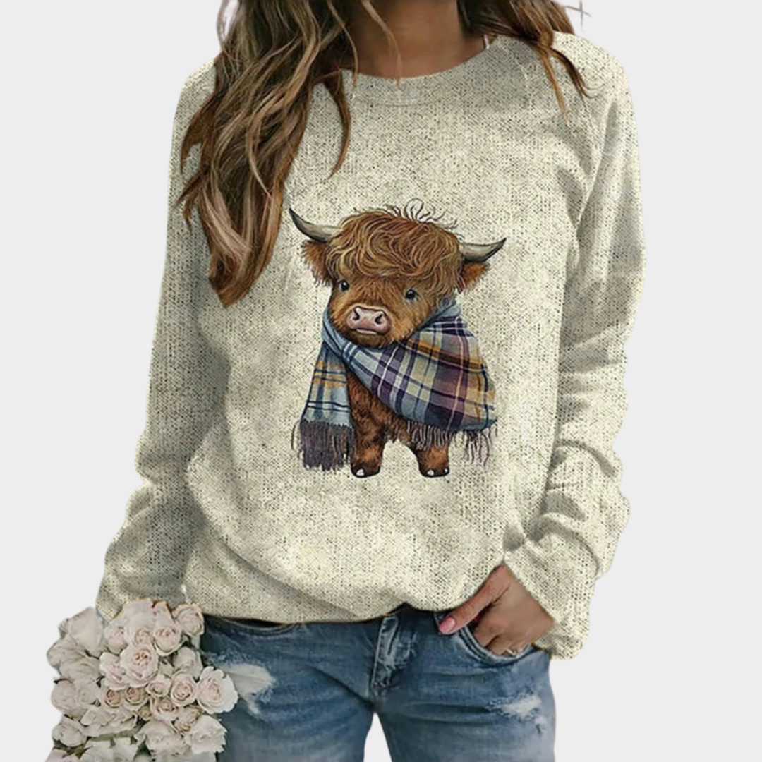 Women’s Creative Animal Print Sweatshirt – Long Sleeve Cotton-Poly Blend Top – Round Neck Casual Pullover – Beige