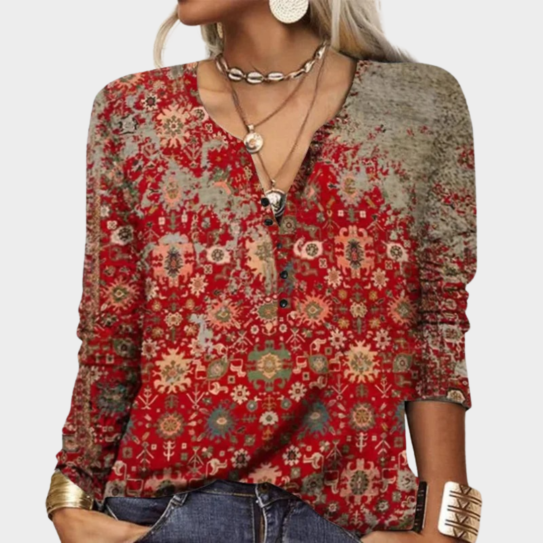Women’s Loose Fit Blouse – Floral Print V-Neck Shirt – Long Sleeve with Button Detail – Soft Lightweight Material – Red