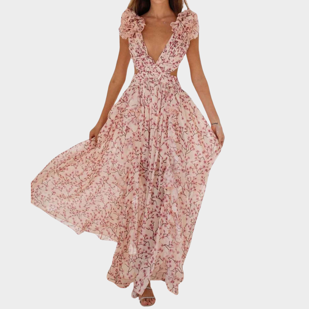 Women’s Sleeveless Long Dress – Deep V Neck with Floral Print and Ruffle Detail – Hollow Out Waist, Split Skirt – Lightweight Fabric – Multiple Colours