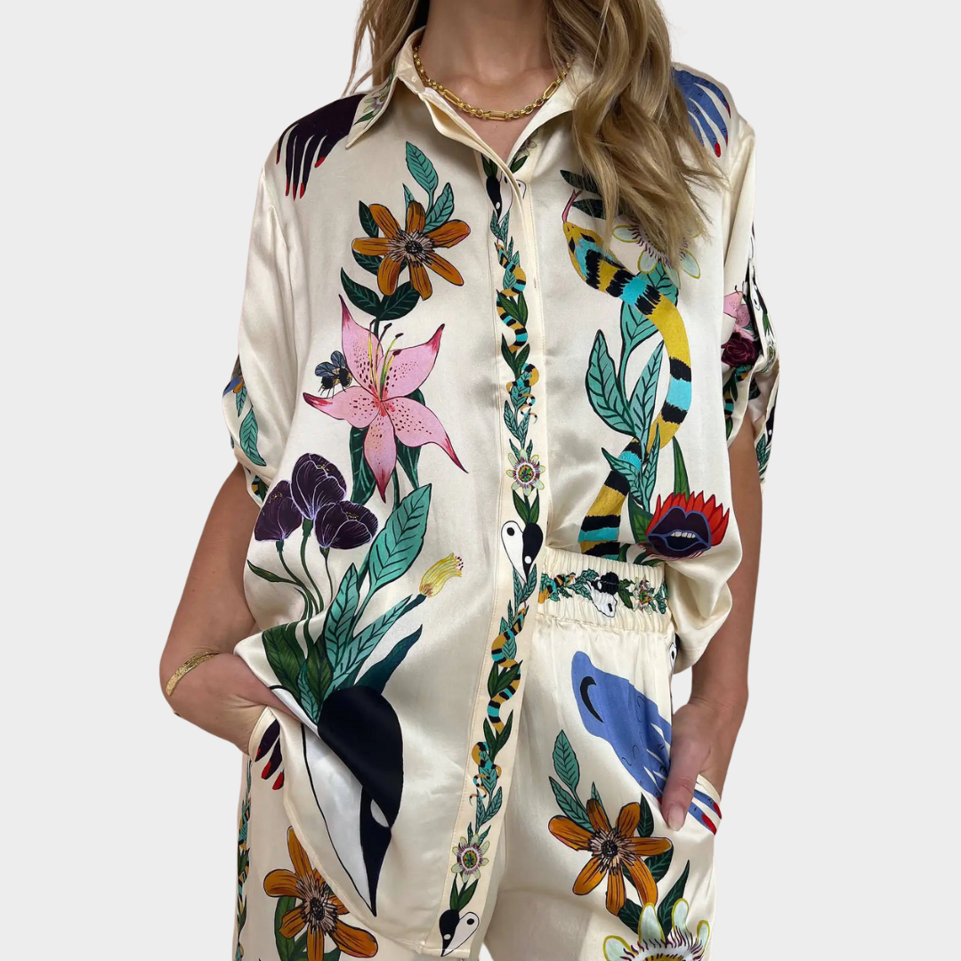 Women's Graffiti Print Satin Shirt & Trousers Set – Casual Short Sleeves – Beige