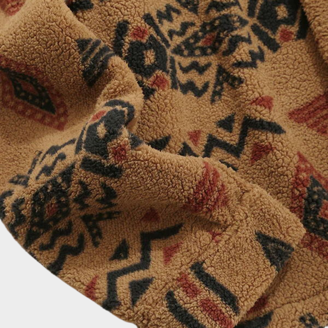 Men's Retro Fleece Jacket – Ethnic Style – Lapel Collar – Warm & Comfortable – Unique Design – Coffee