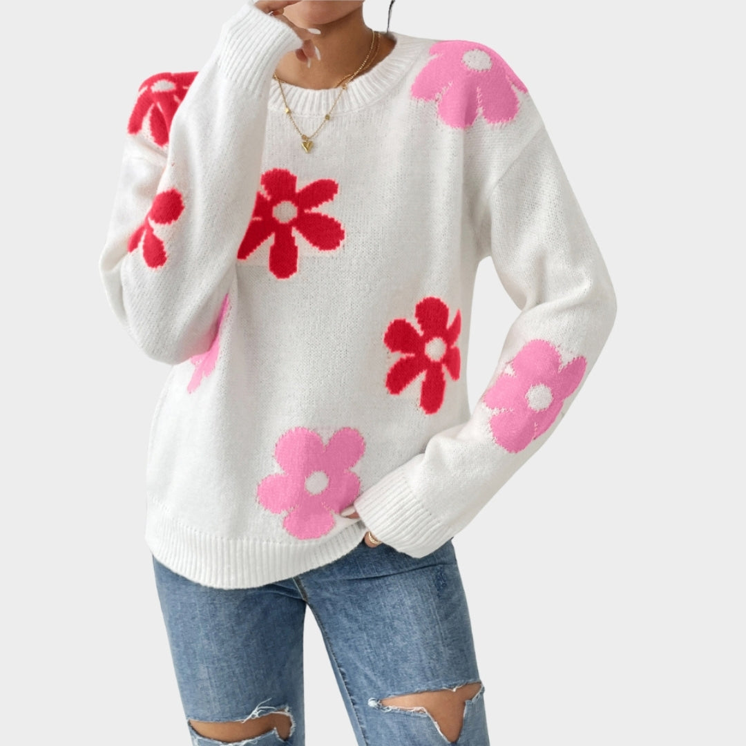 Women’s Crew Neck Sweater - Slim Fit, Loose Long Sleeve Top, White, Red