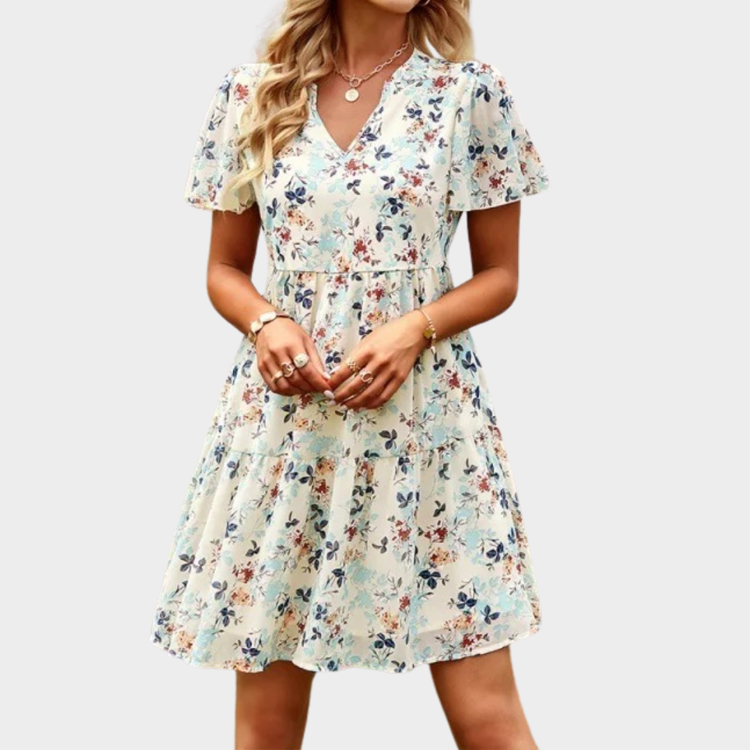 Women's V-Neck Floral Mini Dress – Short Sleeve – Chiffon Girding Fit – Lightweight Print – Multiple Colours