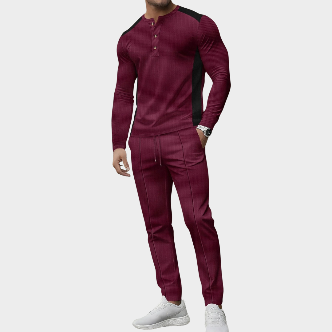 Men’s Two-Piece Set – High Collar Long Sleeve Henley Shirt with Button-Up and Matching Pants – Multiple Colours