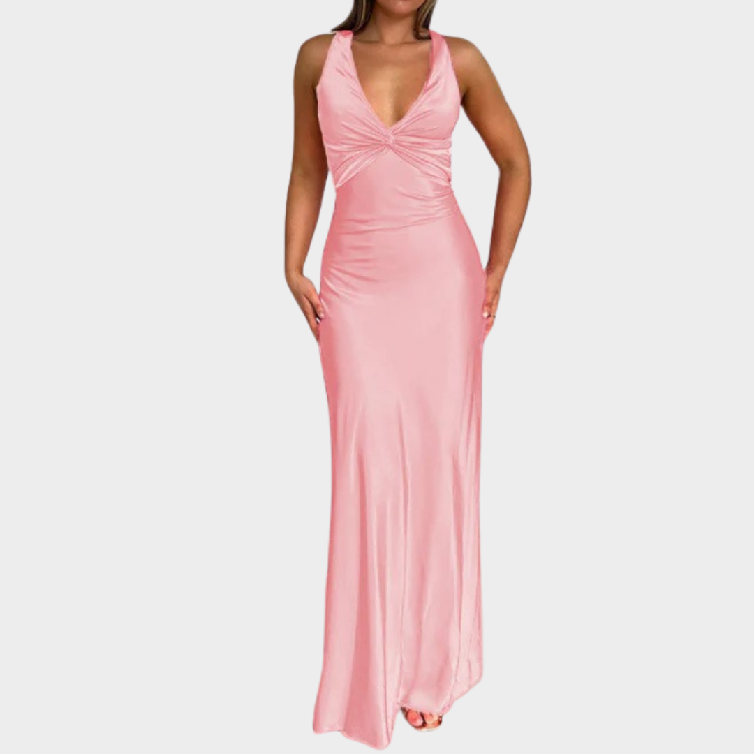 Women’s V-Neck Long Dress – Slim Satin Backless Party Gown with Straps – Multiple Colours