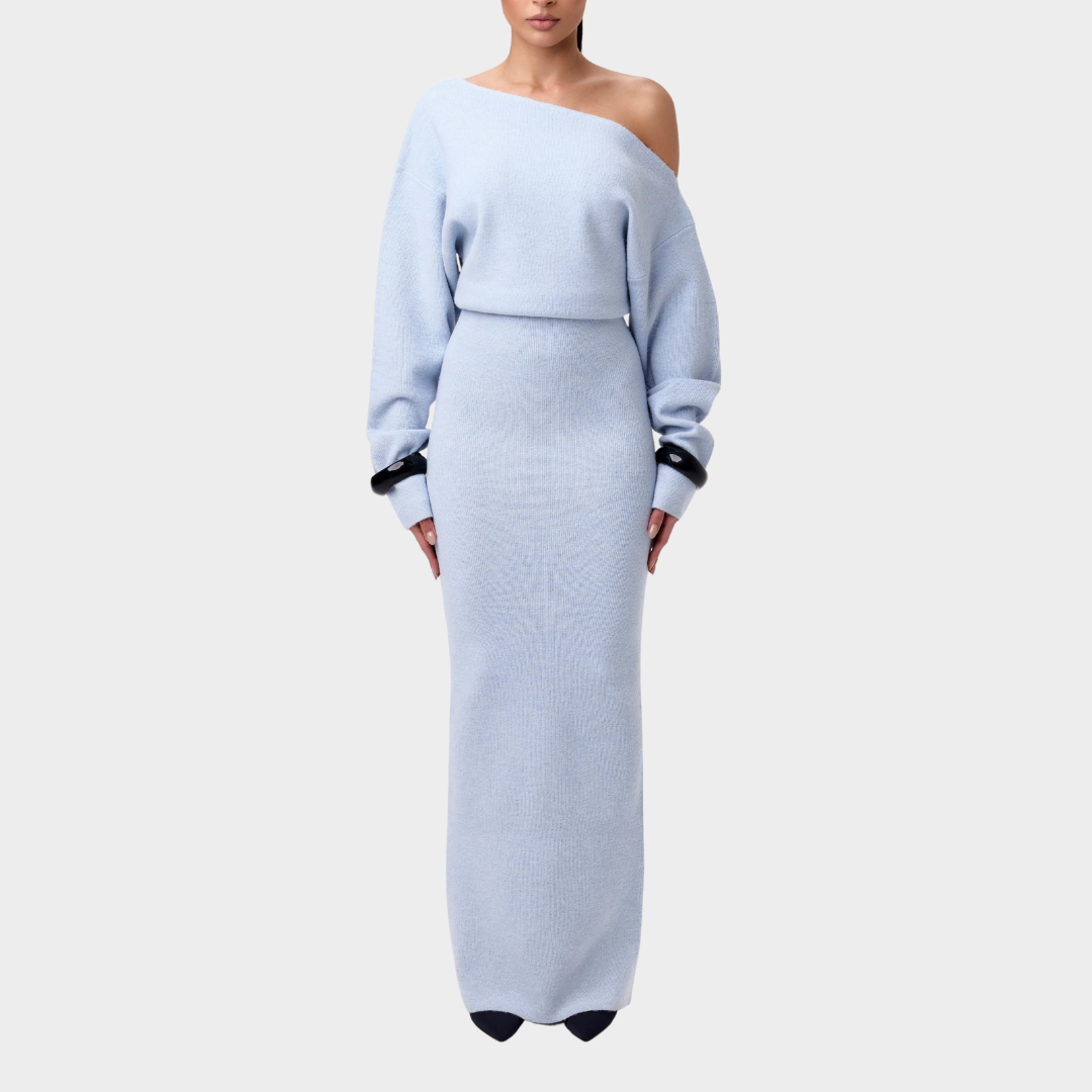 Women’s Long Dress – Off Shoulder Sloping Collar – Long Sleeve Solid Colour – Elegant Slim Fit Design – Multiple Colours