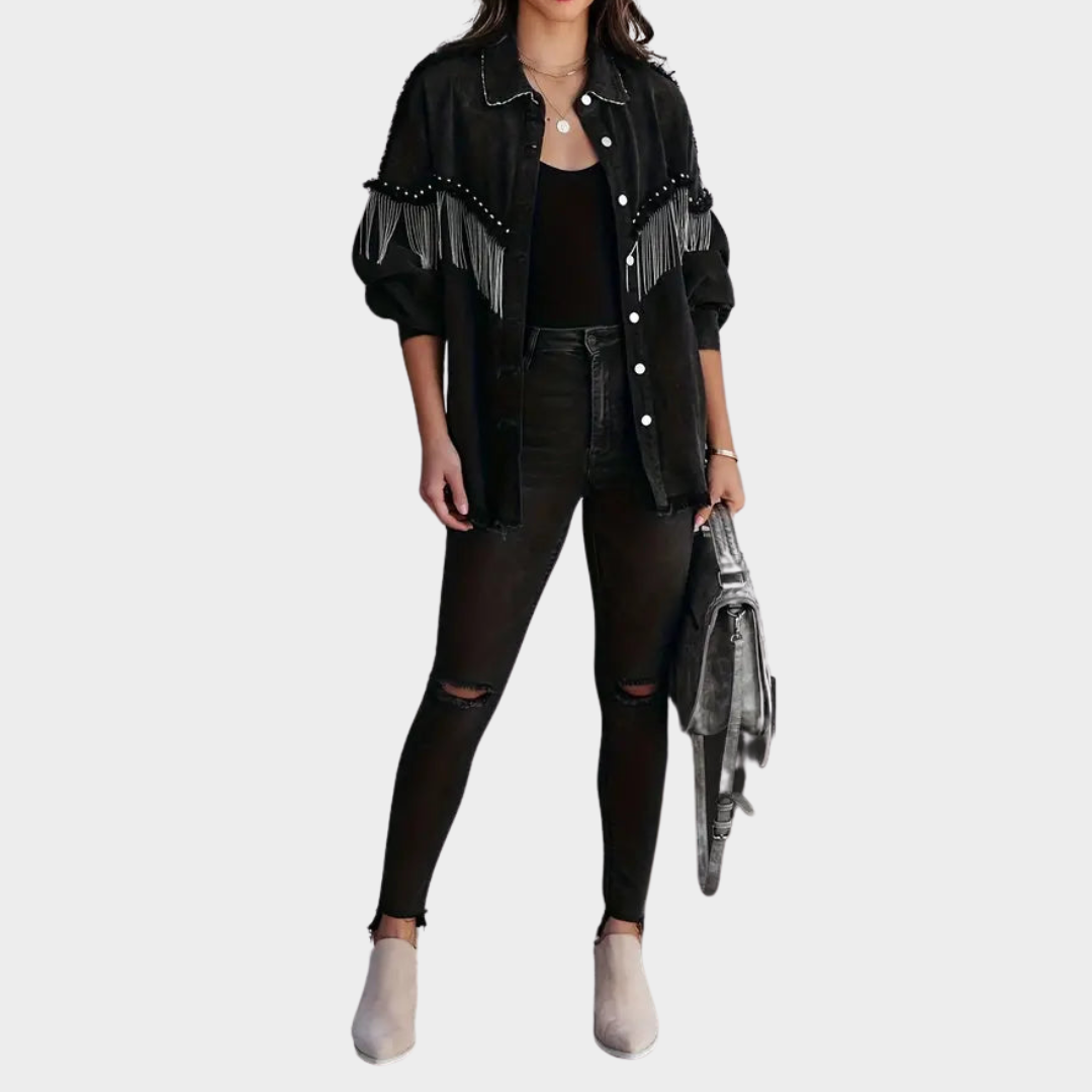 Women's Denim Jacket – Chain Splicing – Vintage Tassel Design – Single-Breasted – Casual Loose Fit – Black