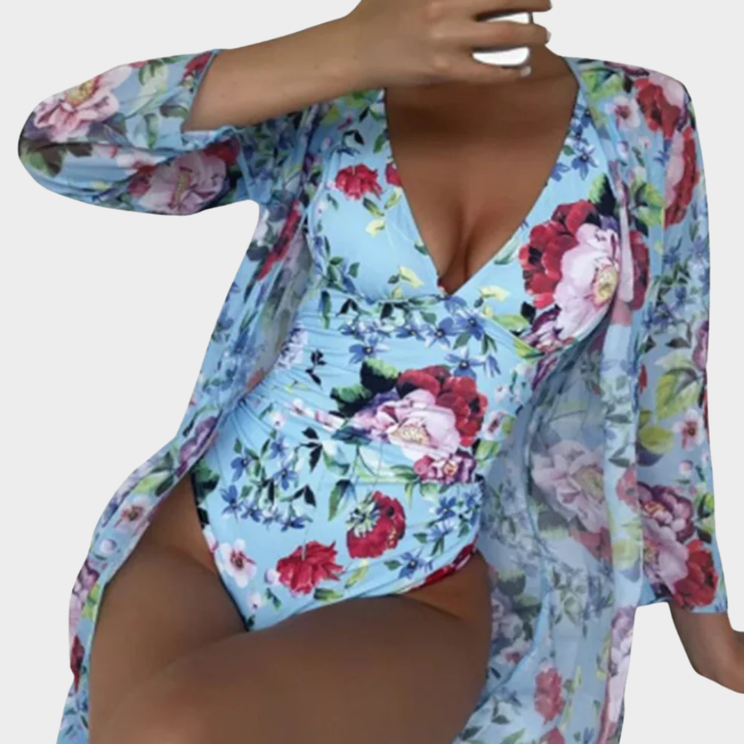 Women One-Piece Swimsuit – Long Sleeve V-Neck Bathing Suit with Lace Cover-Up – Stretch Fit – Multiple Colours