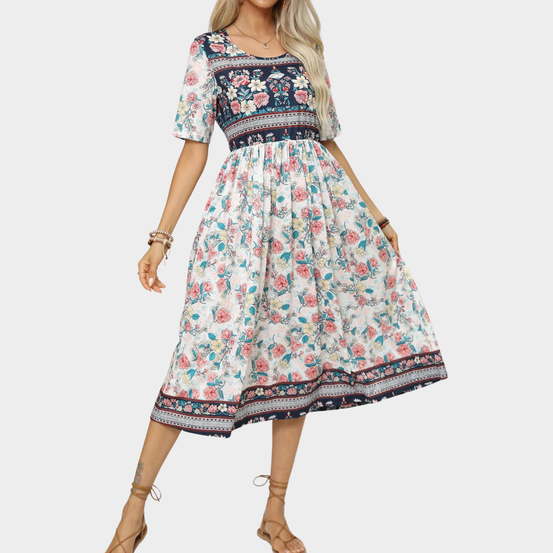 Women’s Bohemian Print Long Dress – Round Neck Short Sleeve Fit – Casual Flowy Maxi Silhouette – Lightweight Fabric – Multiple Colours