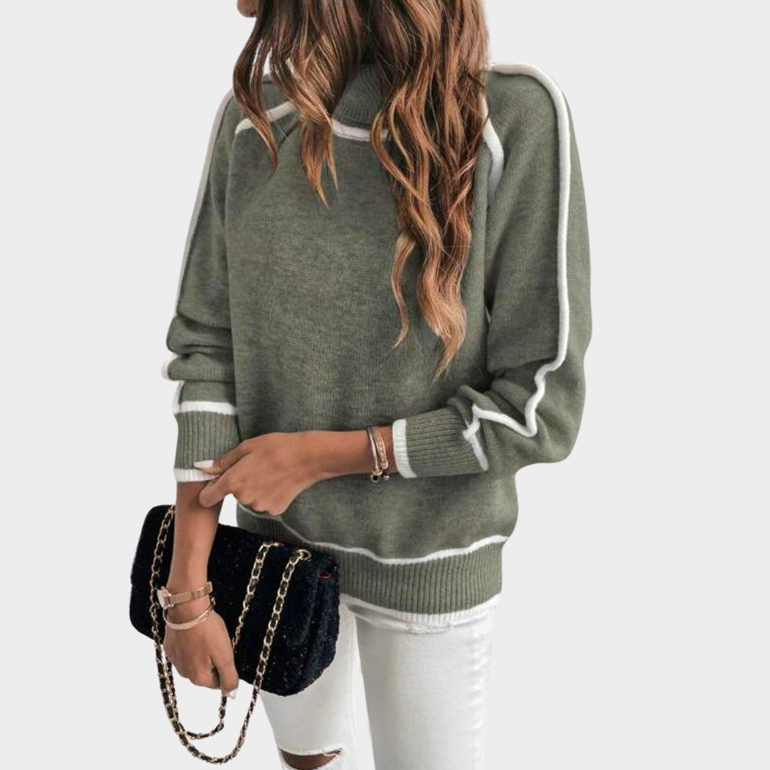 Women’s Turtleneck Patchwork Sweater – Elegant Long Sleeve Pullover – Loose Fit – Soft Knit Fabric – Green