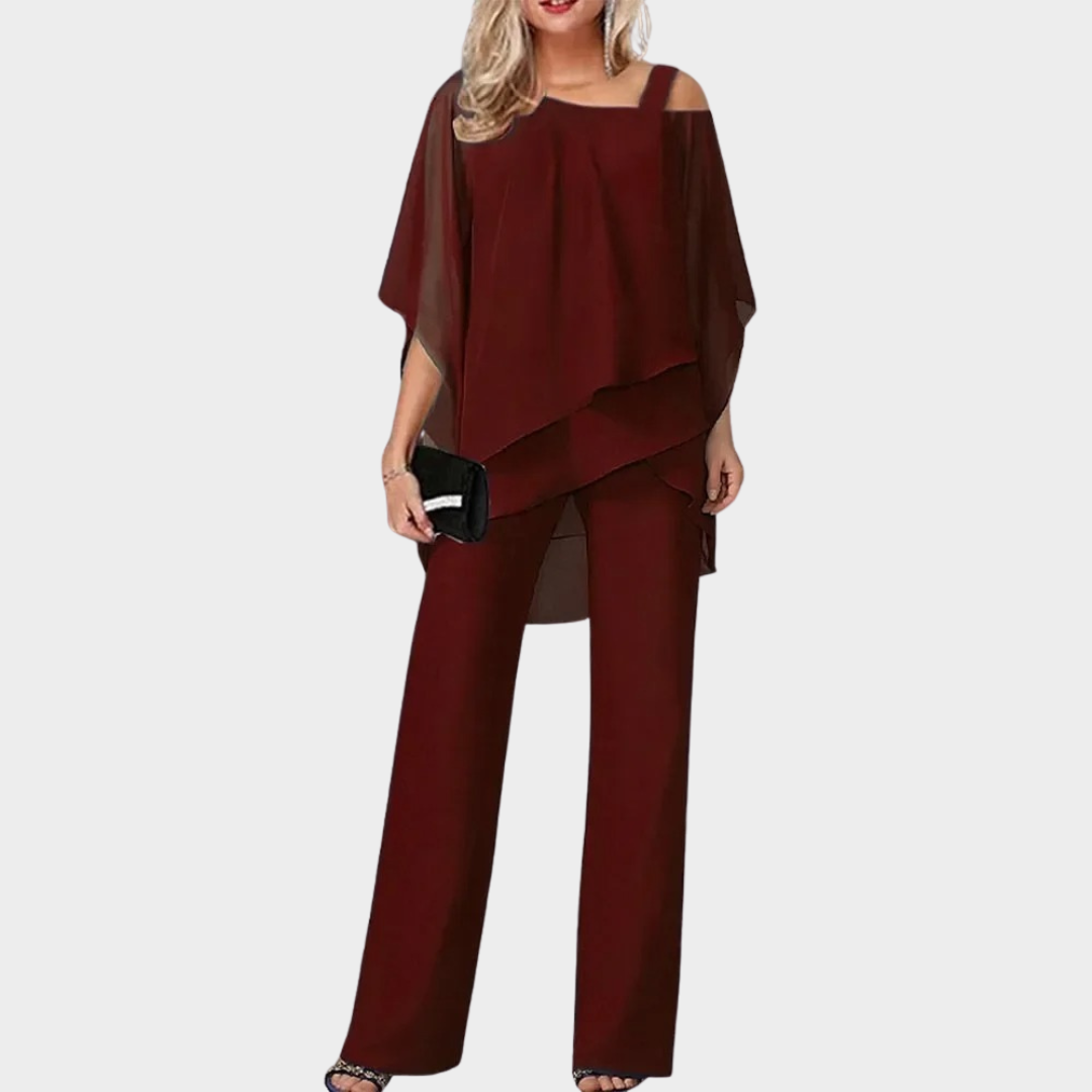 Women’s Off-Shoulder Two-Piece Set – Bat Sleeve Top & Wide-Leg Trousers – Relaxed Elegant Fit – Multiple Colours