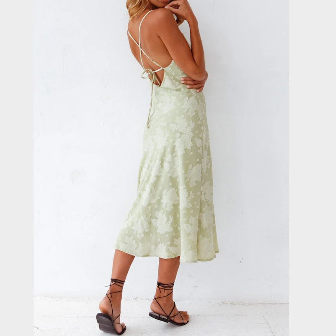 Women’s Slim Fit Midi Slip Dress – Cowl Neck – High Slit – Floral Pattern – Luxury Smooth Fabric – Green