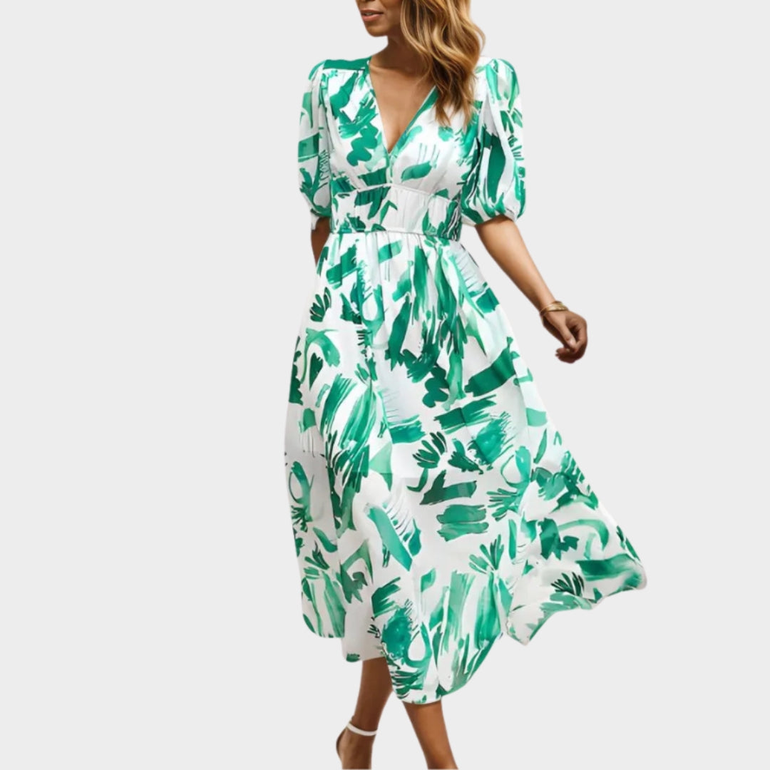 Elegant Women's Maxi Dress V-Neck Elastic Waist Printed Long Summer Dress - Beige, Pink, Black, and More
