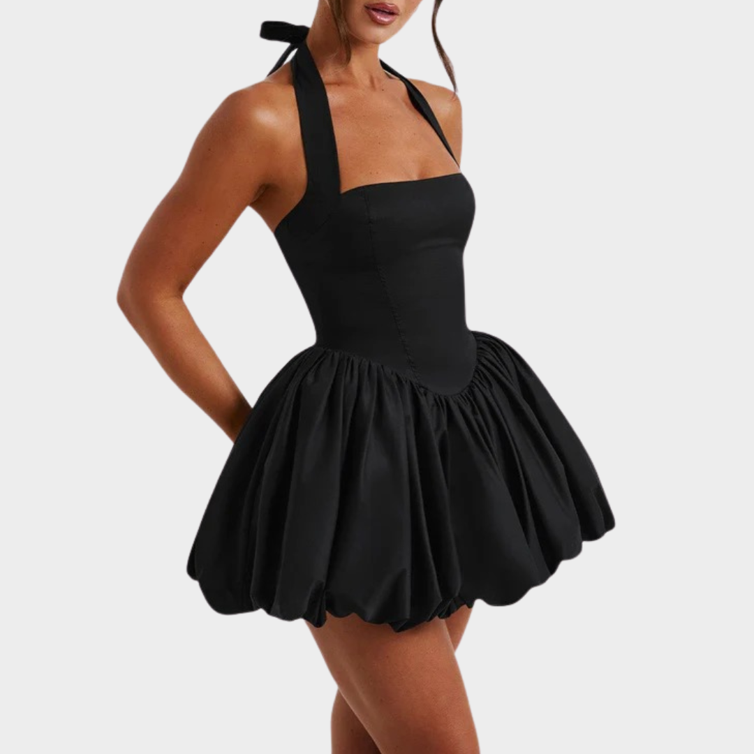 Women’s Mini Dress – Square Halter Neckline – Puffball Skirt – Lace Up Back – Princess Seam Detailing – Premium Cotton Blend – Multiple Colours
