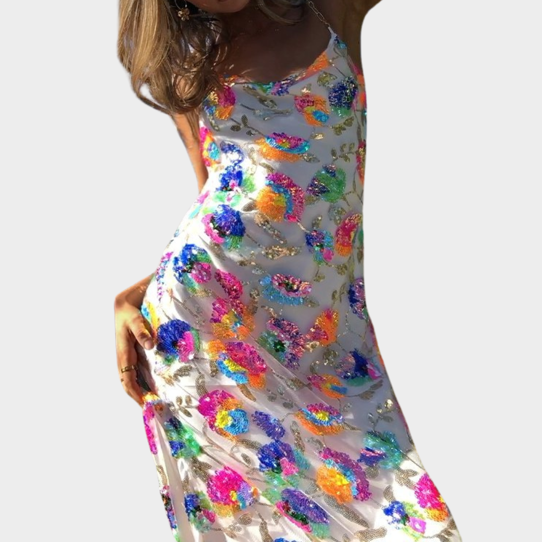 Women's Backless Maxi Dress – Embroidered Sequins – Elegant Floral Design – Flowing Fit – Lightweight Fabric – Multiple Colours