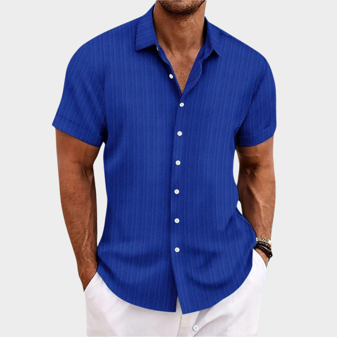 Men's Short-Sleeved Jacquard Shirt - Wave Strip Pattern - Casual Fit Blouse - Multiple Colours