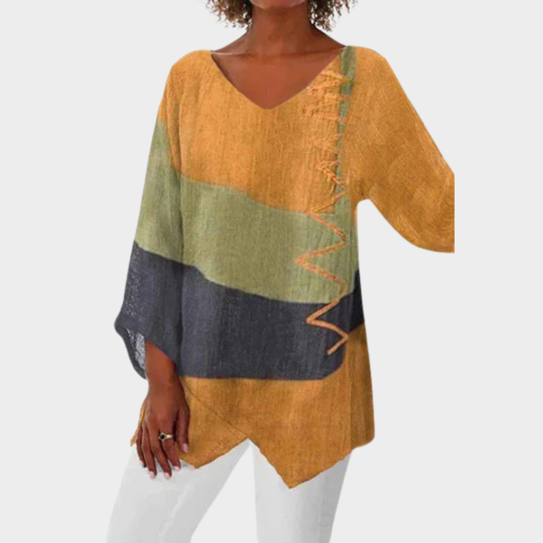 Women's V-Neck Blouse – Long Sleeve – Irregular Print – Cotton Linen – Loose Fit – Multiple Colours