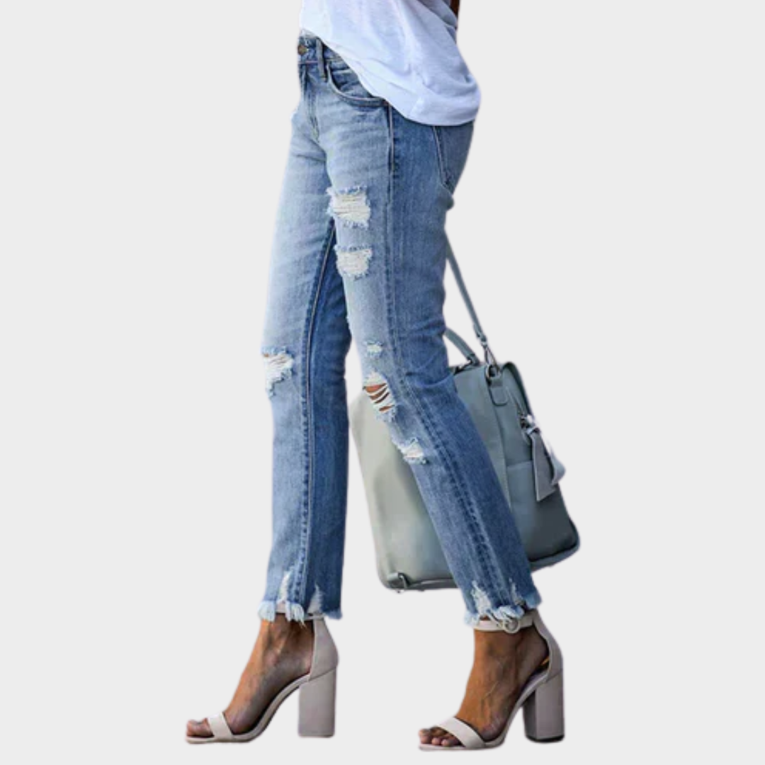 Women's Ripped Slim-Fit Denim Jeans – High-Waist – Vintage Style – Multiple Colours