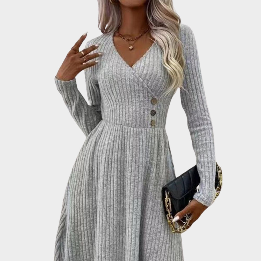 Women's Fall Winter Sweater Dress – V-Neck A-Line Knitted Midi Dress with Long Sleeves, Light Grey