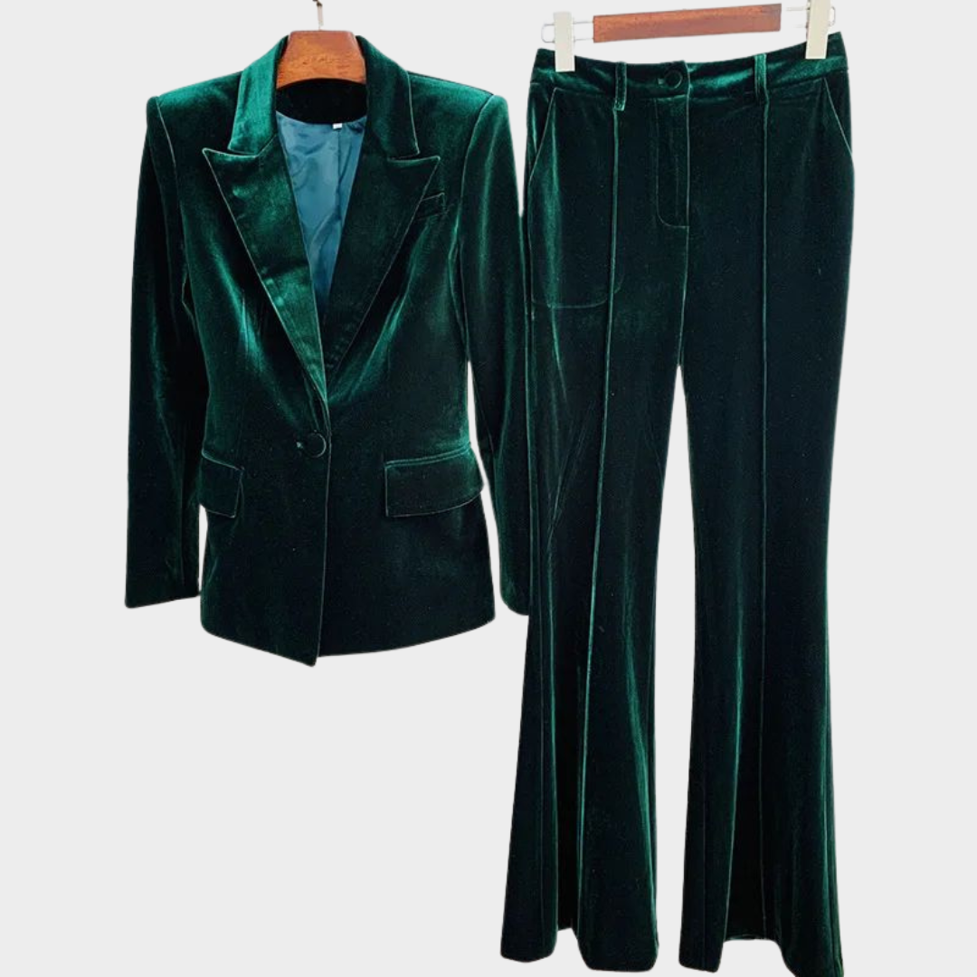 Women’s Velvet Blazer & Trousers Set – One-Button Jacket – Flare Pants – Elegant Fit – Multiple Colours