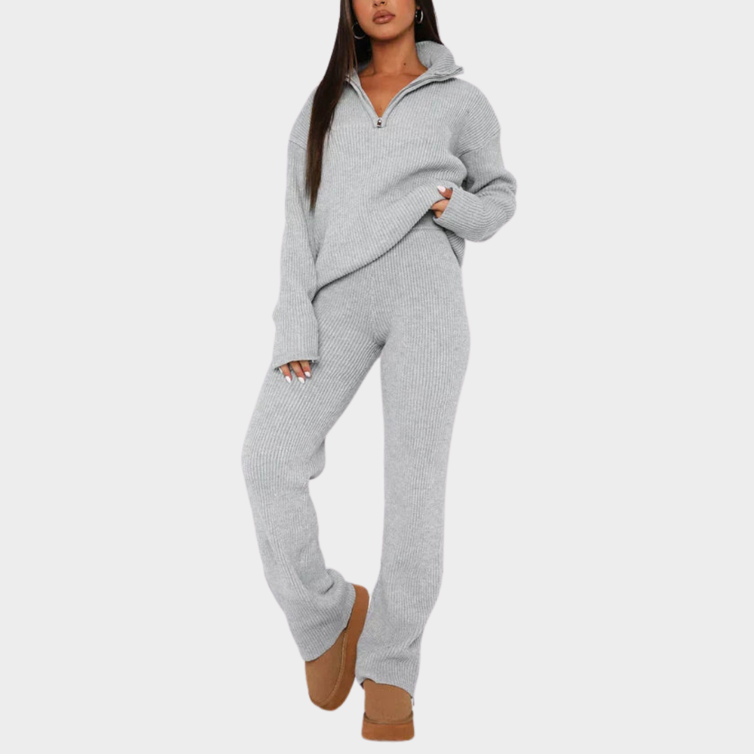 Women's Two-Piece Knitted Set – Long Sleeve – Lapel Collar – Soft Fabric – Multiple Colours