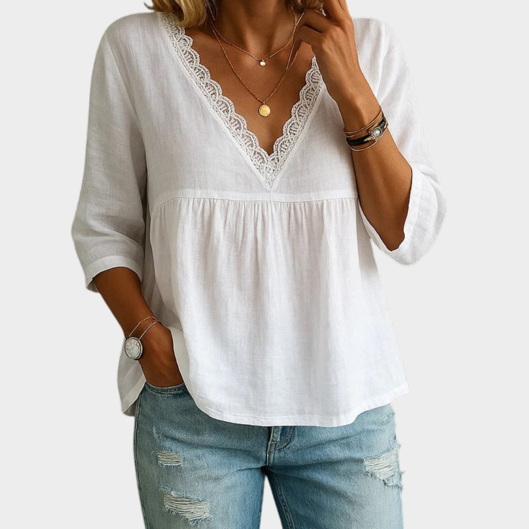 Women’s Relaxed Fit V-Neck T-Shirt – 3/4 Sleeve with Lace Trim – Soft Lightweight Fabric – Multiple Colours