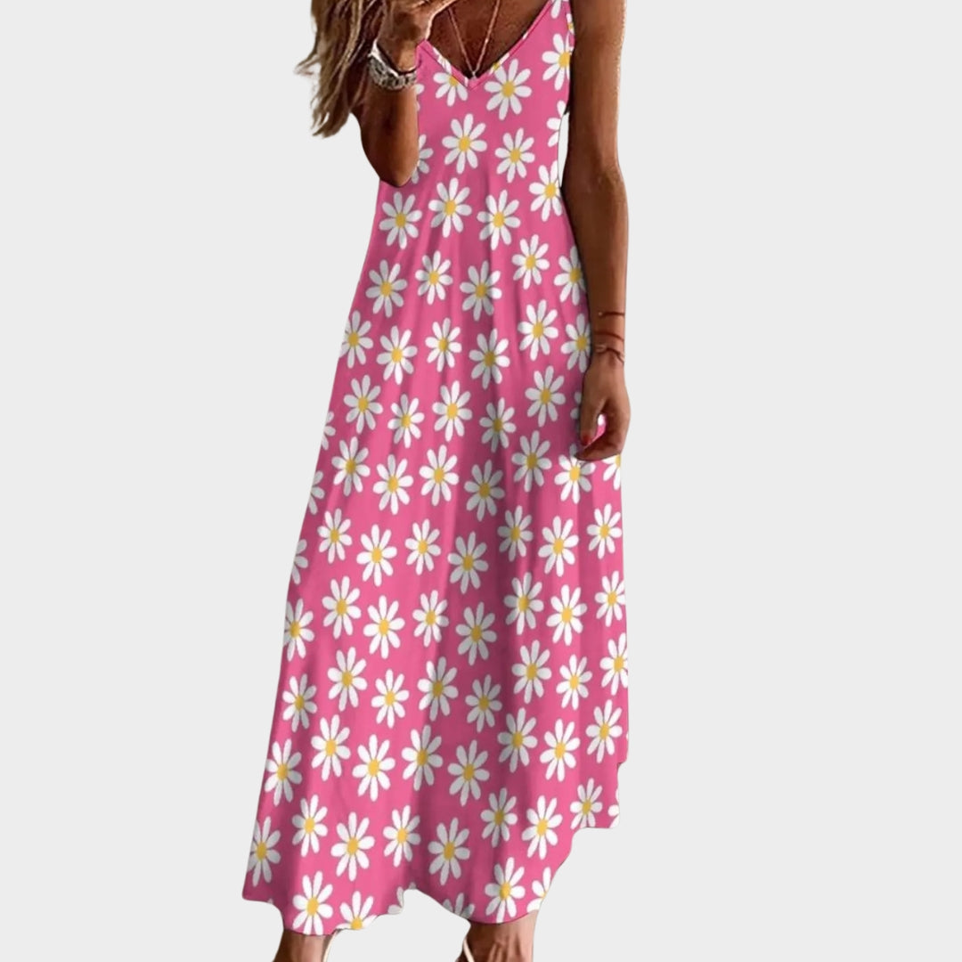 Women's Floral Maxi Dress - Sleeveless - V-Neck - Lightweight & Flowy - Pink with White Daisies