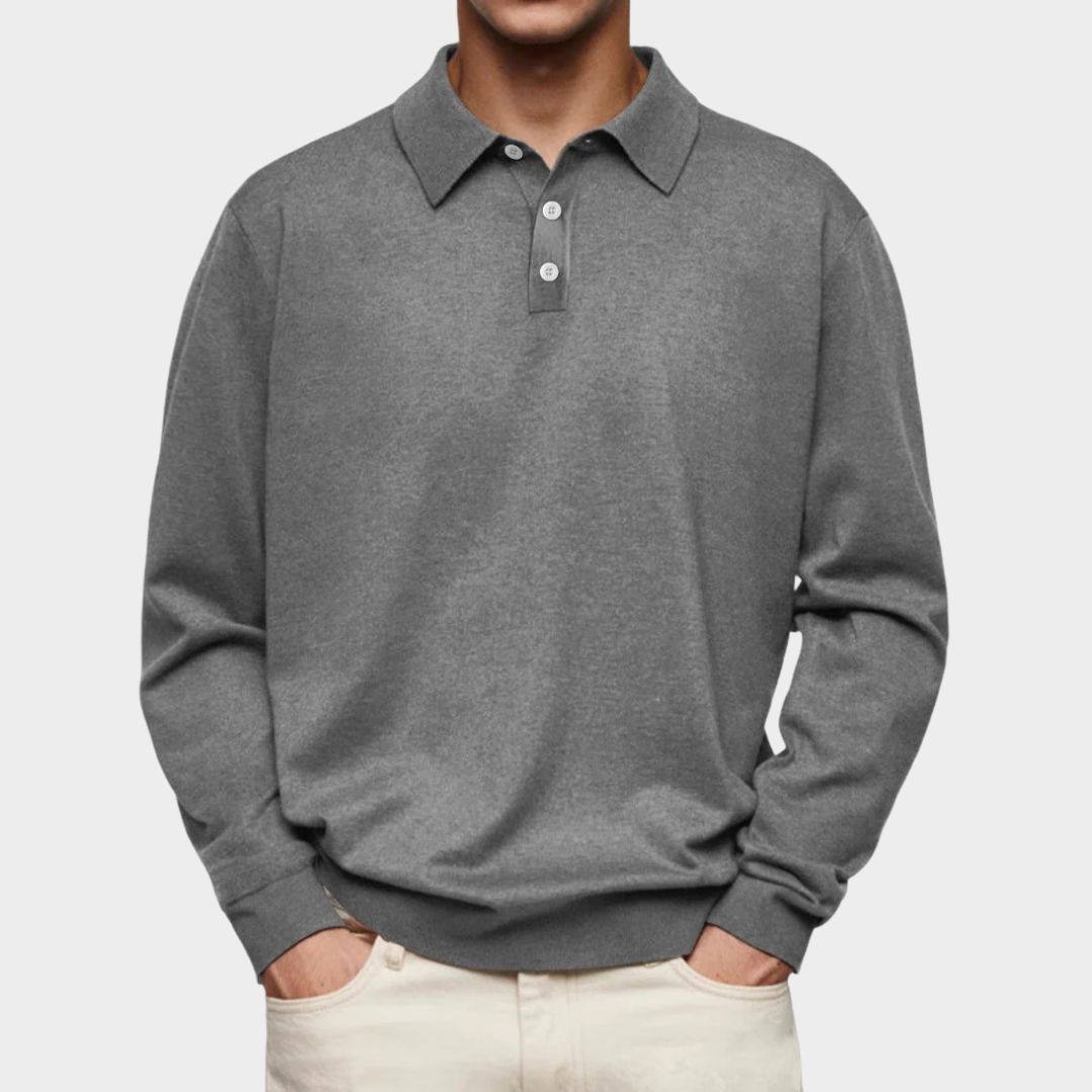 Men’s Long Sleeve Polo Sweatshirt – V-Neck Casual Fit – Velvet Texture with Button Detail – Multiple Colours