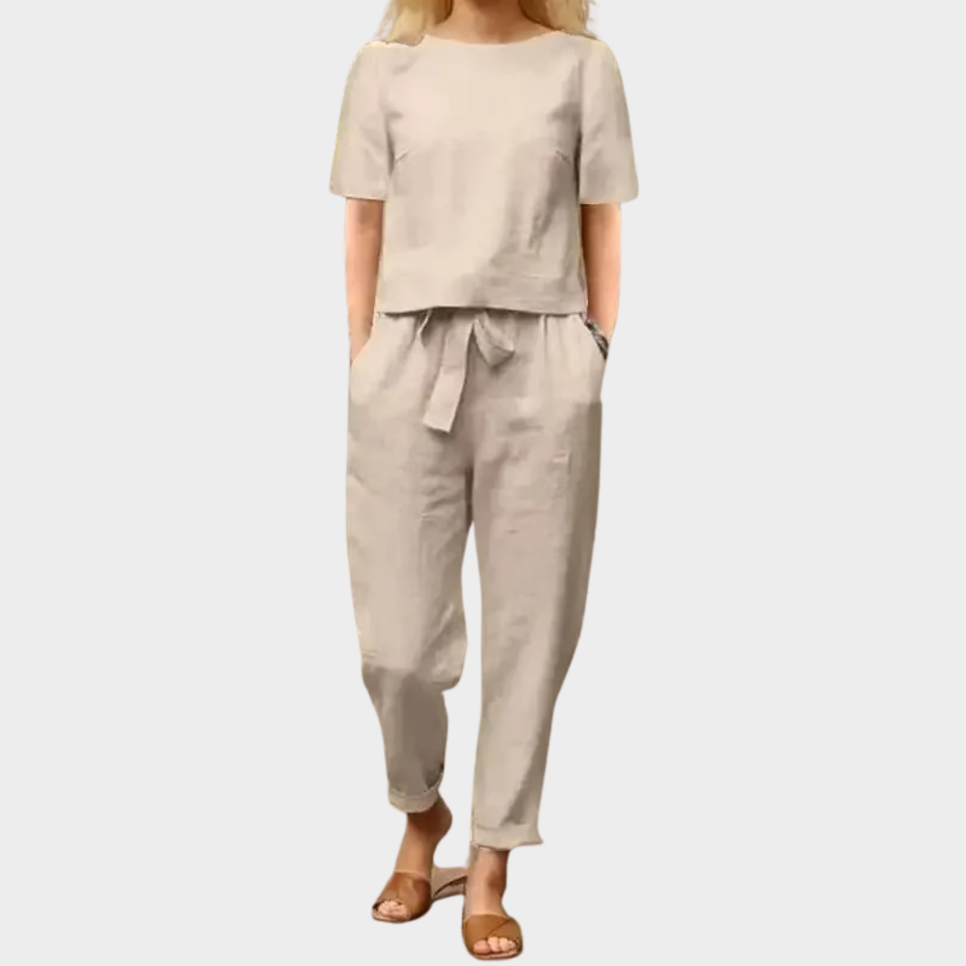 Women’s Cotton Linen Two-Piece Set – Half Sleeve O-Neck Top and Bell Bottom Trousers – Vintage Relaxed Fit – Soft Lightweight Fabric – Multiple Colours