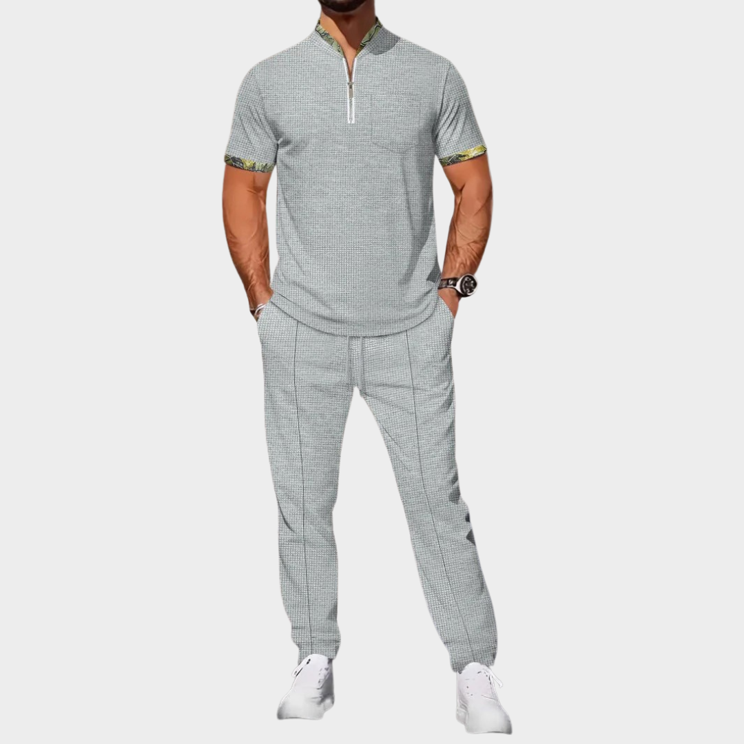 Men's Co-Ord Set – Waffle Textured Stand Collar Half-Placket Shirt with Colour Block Cuffs and Matching Shorts – Multiple Colours
