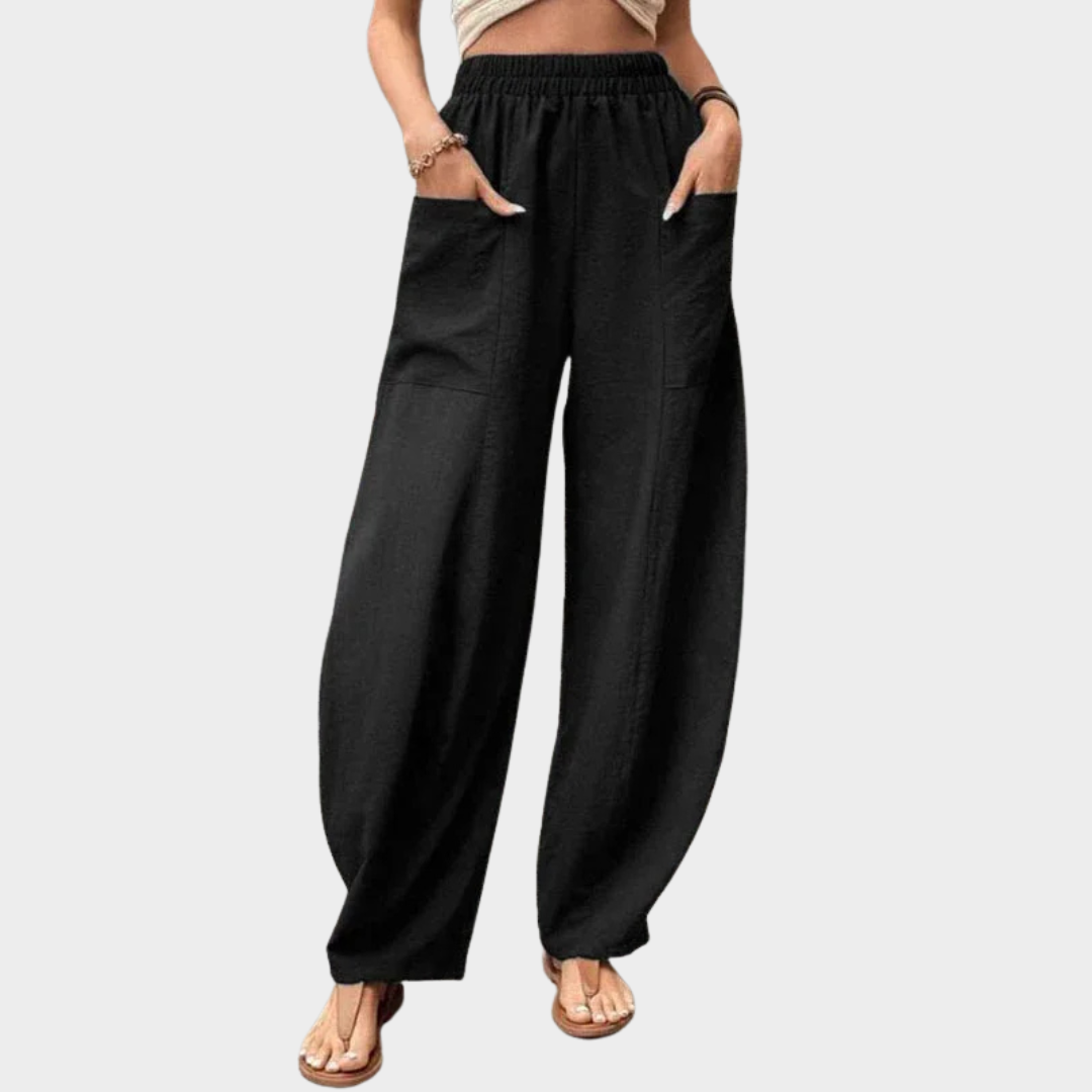 Women’s High Waist Wide Leg Trousers – Elastic Waist with Pockets – Vintage Solid Colour – Comfortable Fit – Multiple Colours