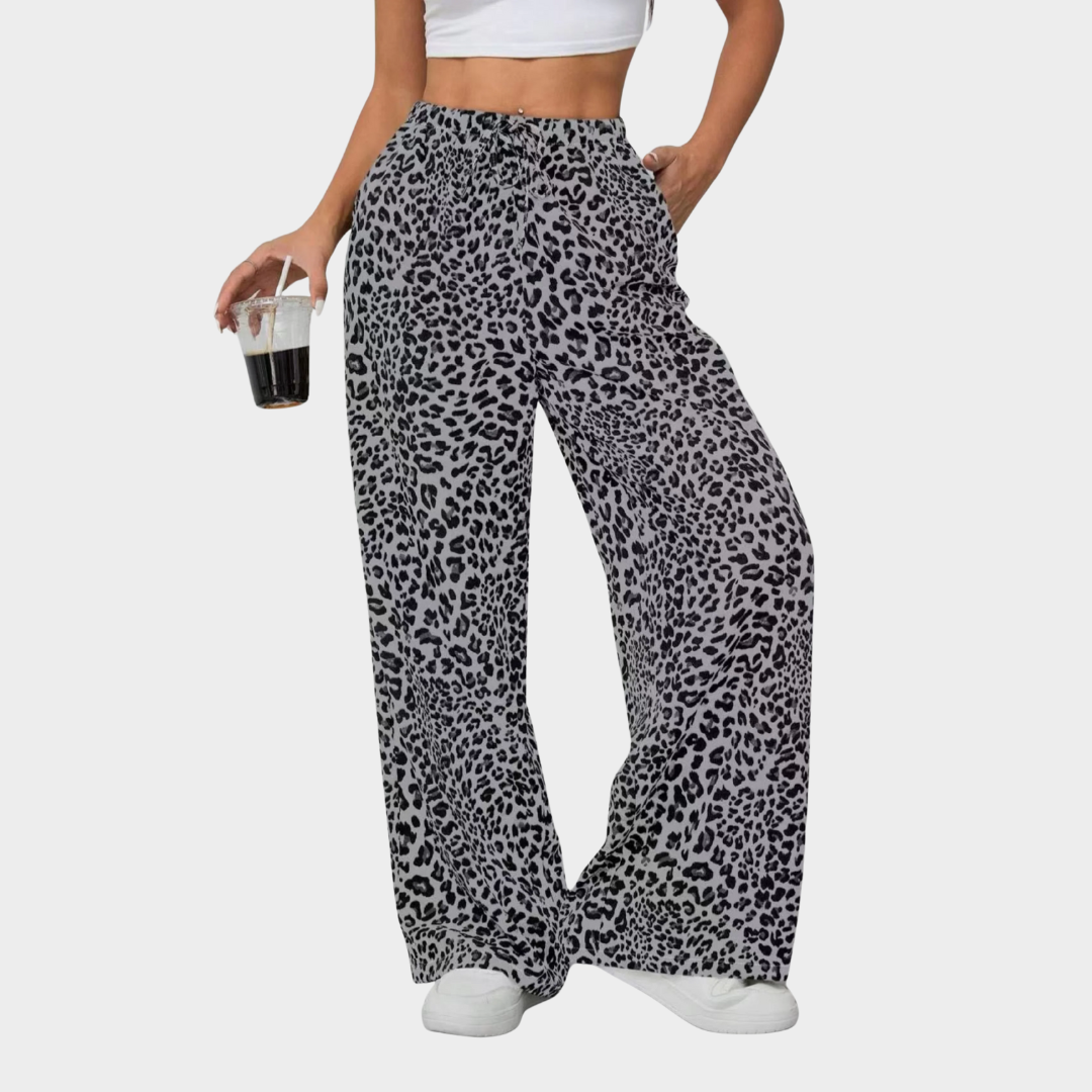 Women Leopard Print Wide Leg Trousers – High Waisted Loose Fit Straight Leg Long Pants – Casual Comfortable Draping Style – Multiple Colours