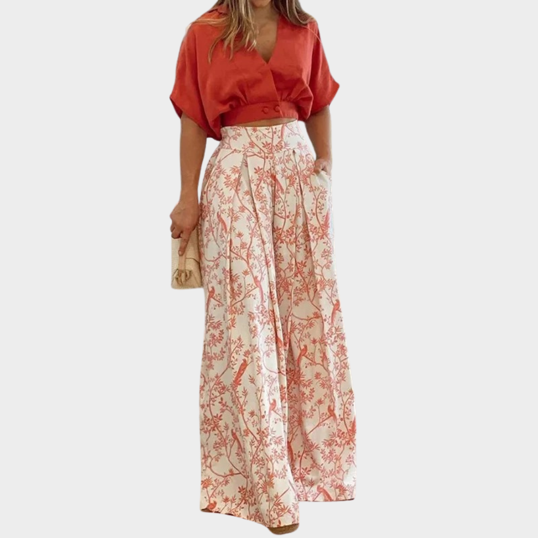 Women Two Piece Set – V-Neck Short Top and Wide Leg Trousers – Loose Fit – Printed Polyester – Multiple Colours