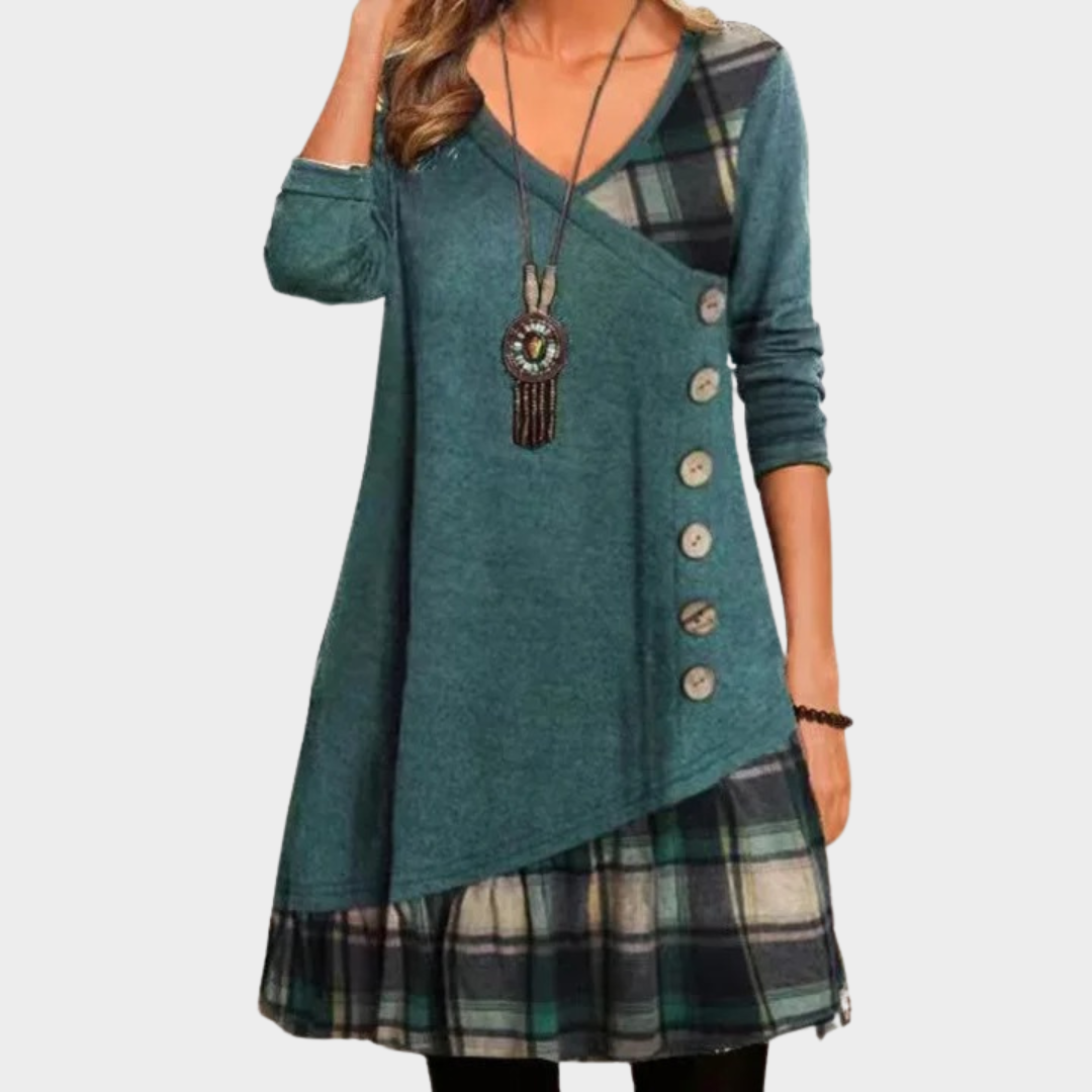 Women’s V-Neck Long Sleeve Dress – Checkered Patchwork Design – Button Front Irregular Hem – Comfortable Relaxed Fit – Soft Fabric – Multiple Colours