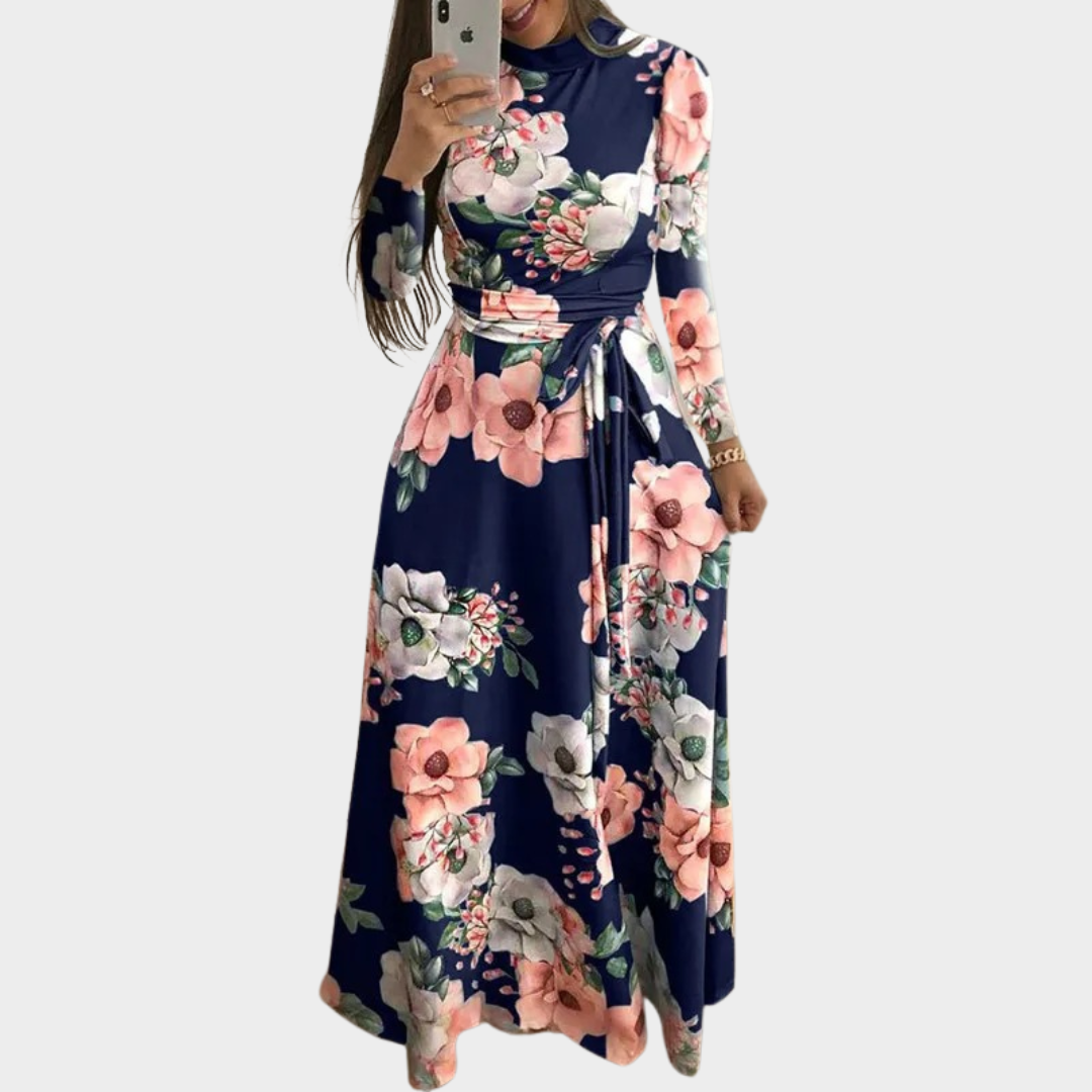 Women's Boho High Neck Maxi Dress – Floral Print Belted Party Dress – Short/Long Sleeve – Multiple Colours