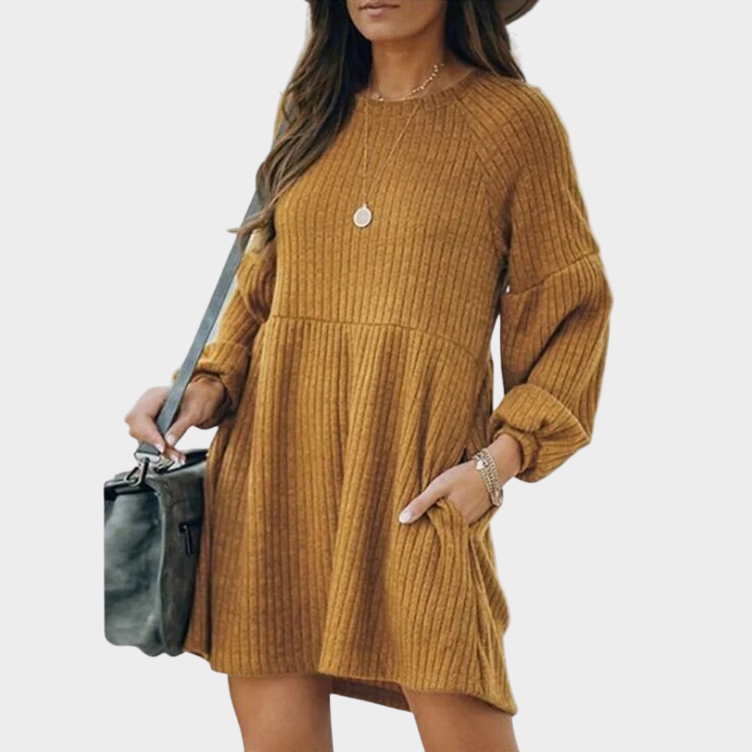 Women Knitted A Line Dress – O Neck Lantern Sleeve Ribbed Mini Dress – Loose Hem Casual Fit – Multiple Colours