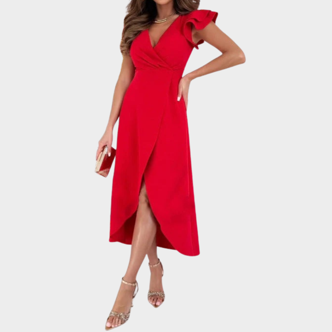 Women's Midi Dress – V-Neck Waist-Cinched Fit with Pleated Princess Sleeves – Multiple Colours