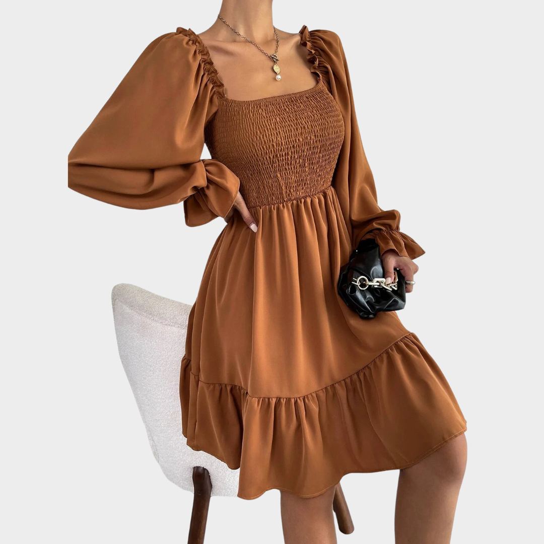 Women’s Long Sleeve Square Neck Dress – Elegant Ruffle Casual Dress – Flowy Fit – Multiple Colours