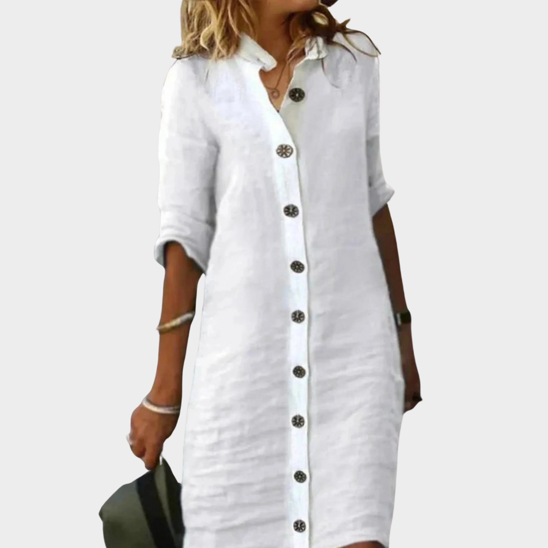 Women’s Loose Fit Long Sleeve Blouse Dress – Turn Down Collar with Button Front – Cotton Linen Blend – Baggy Fit – Multiple Colours