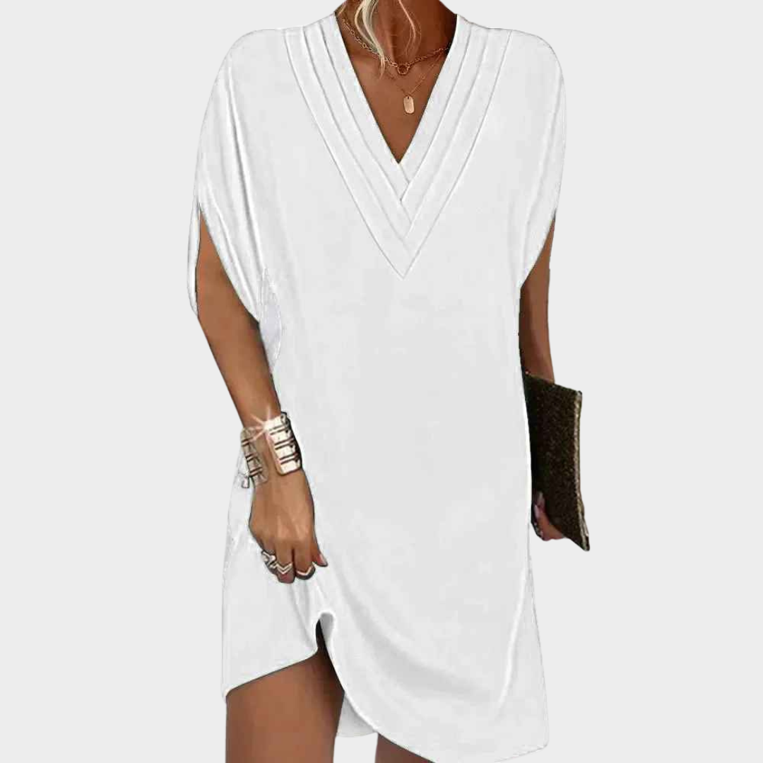 Women V-Neck Pleated Dress – Bat Sleeve Loose Fit Solid Colour Elegant Style – Multiple Colours