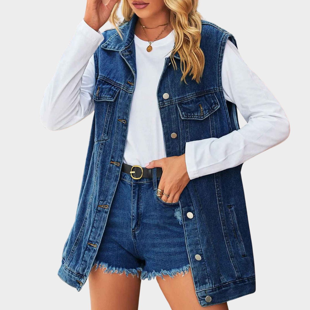 Women's Long Denim Vest - Sleeveless Loose Fit - Button-Up Jeans Coat - Casual Streetwear - Blue