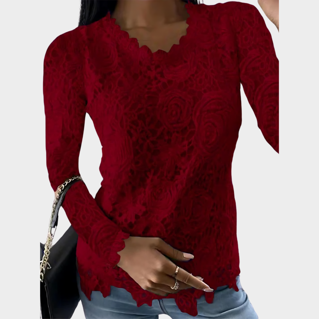 Women's Lace Blouse - Long Sleeve - O-Neck - Elegant Fit - Multiple Colours