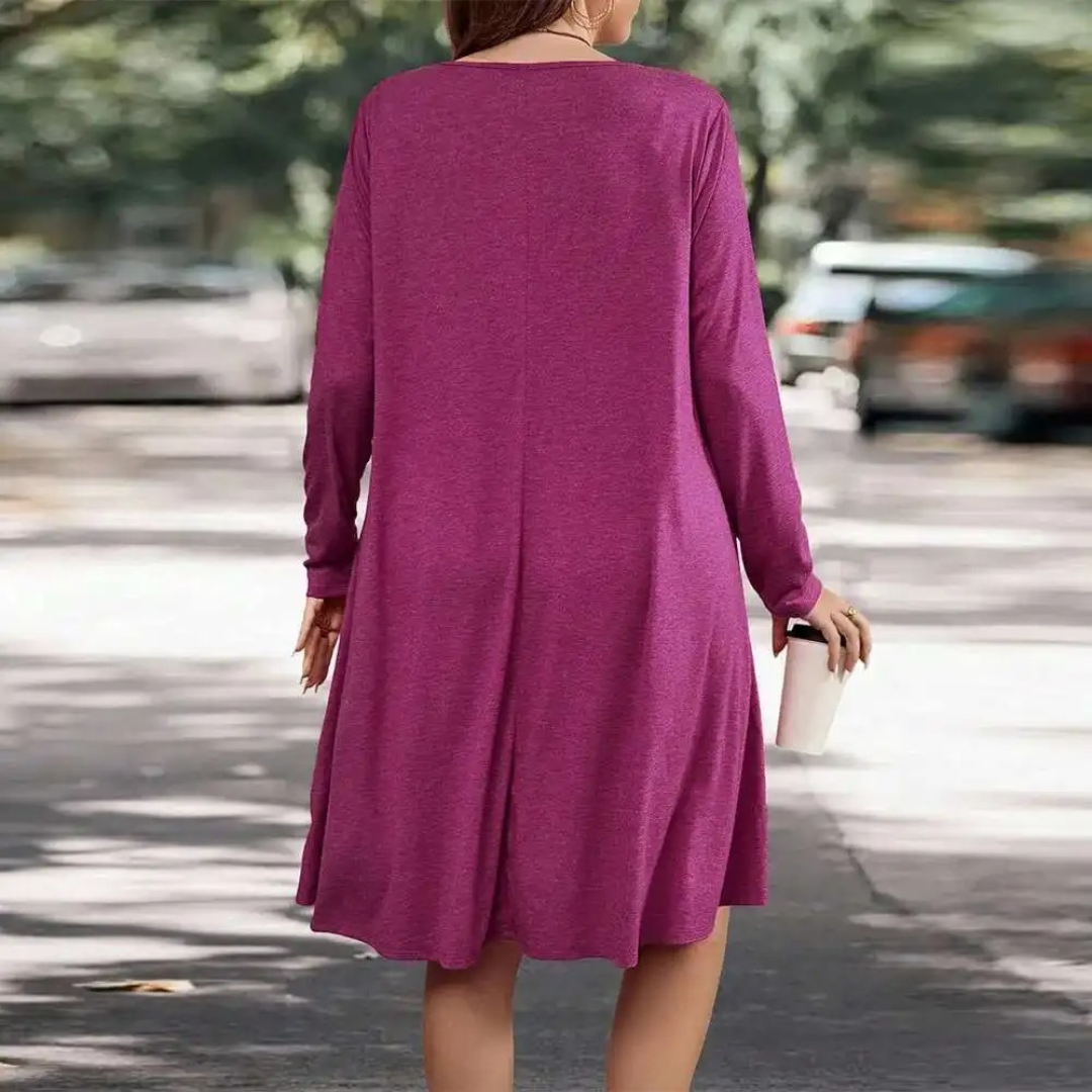 Women’s Long Sleeve Casual Dress – Loose Fit Round Neck with Pockets – Solid Colour – Magenta