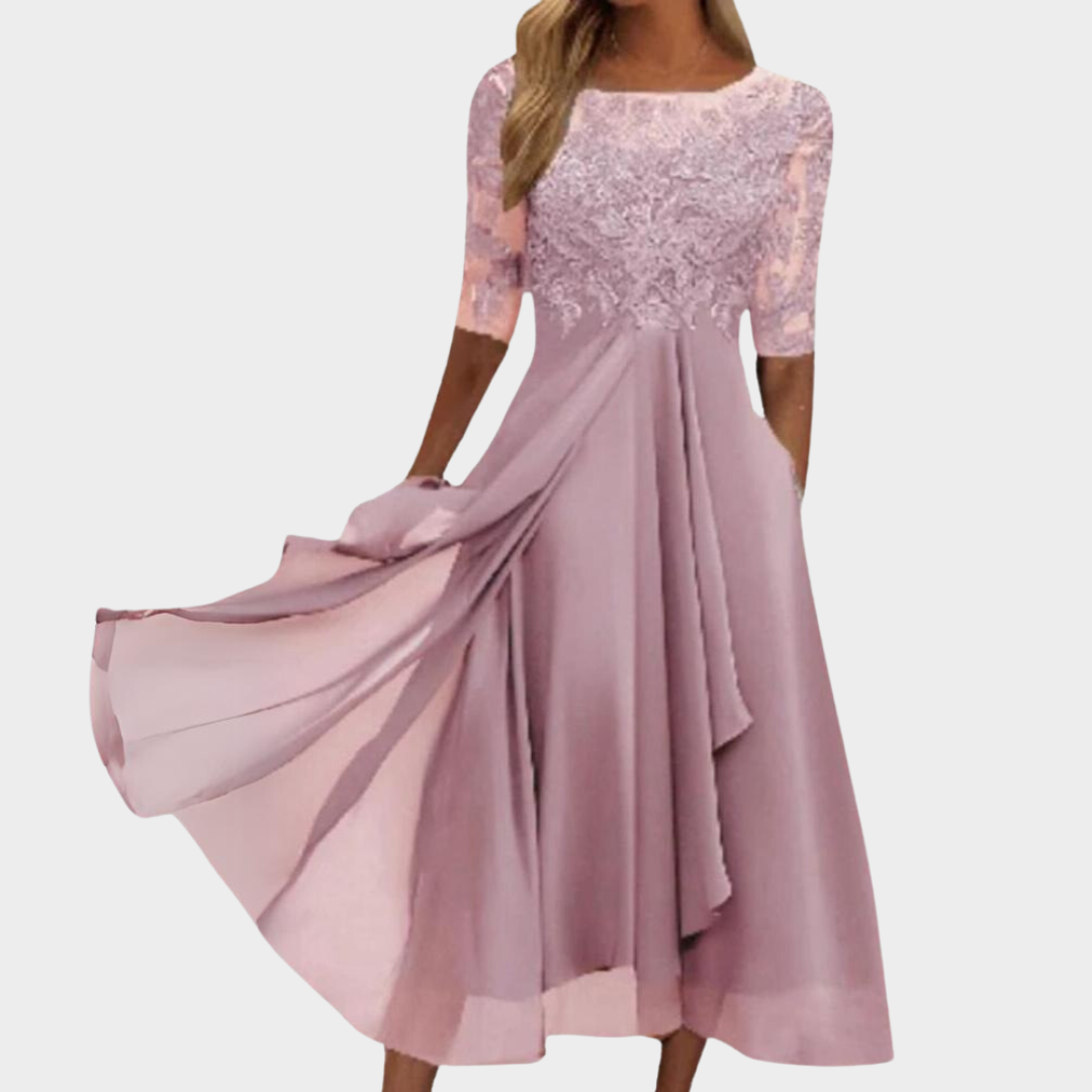 Women's Elegant Lace Chiffon Dress – Flowy Half Sleeve Gown – Evening Party Wear – Multiple Colours