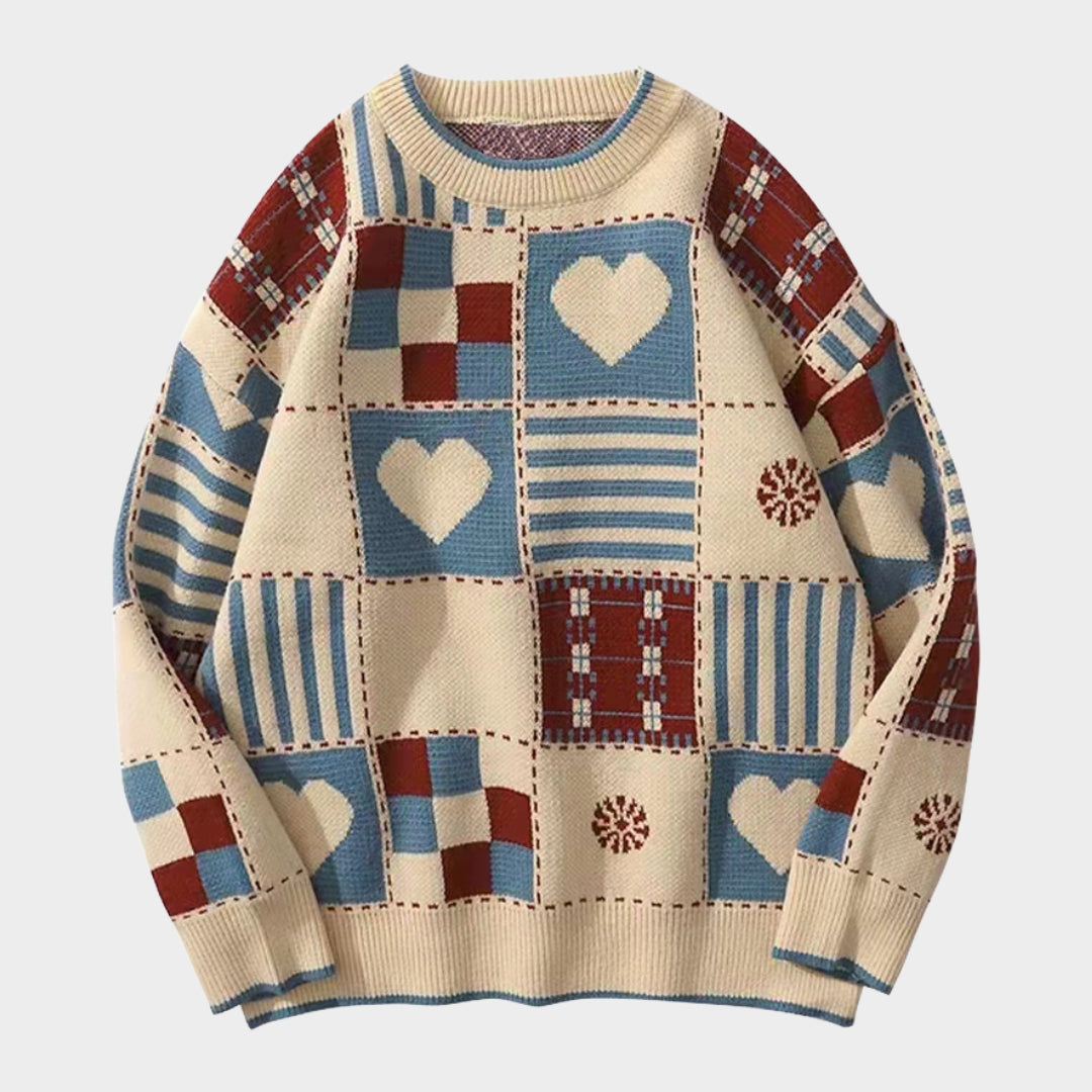 Womens Vintage Sweater - Harajuku Retro Knitted Wool Oversized Streetwear, Red & Beige