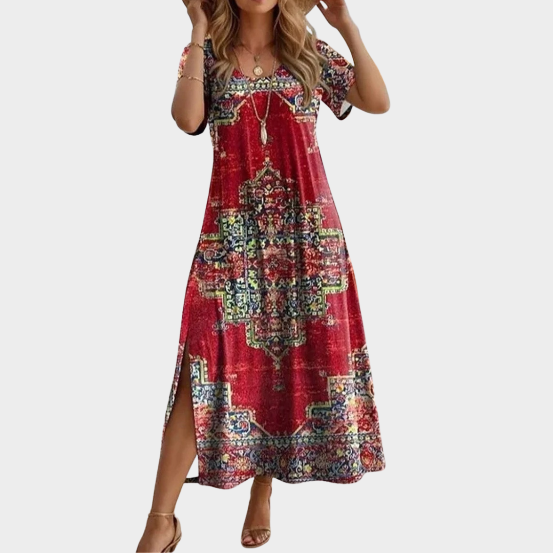 Women’s Relaxed Fit Midi Dress – Short Sleeve – Vintage Floral Print – Breathable Blend – Red