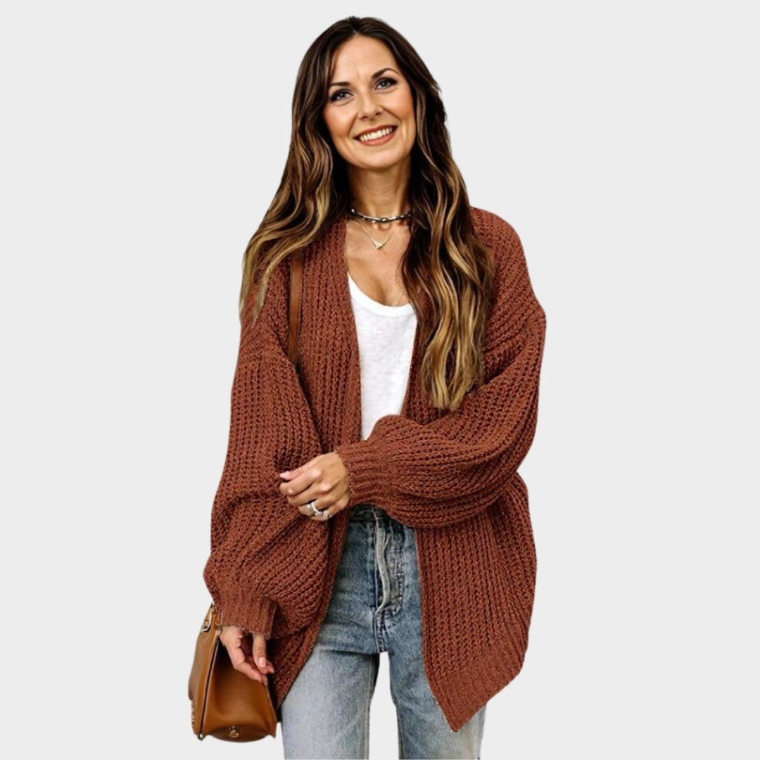 Women's Lantern Sleeve Thick Needle Cardigan – Cozy Knitted Sweater Coat, Black, Beige, and More