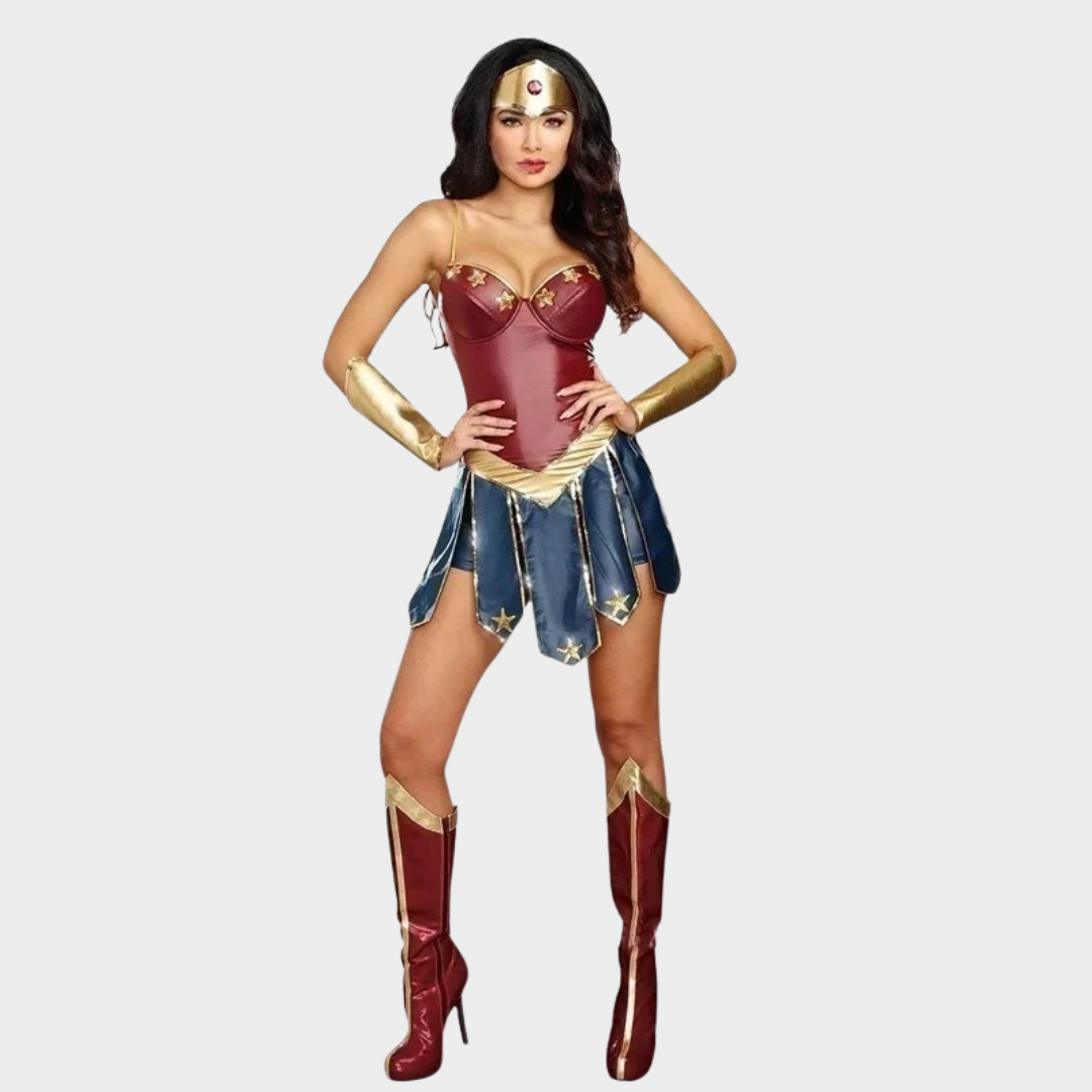 Women Superhero Halloween Costume – Wonder Cosplay Outfit for Stage Performance – Faux Leather Fancy Party Costume – Red and Blue